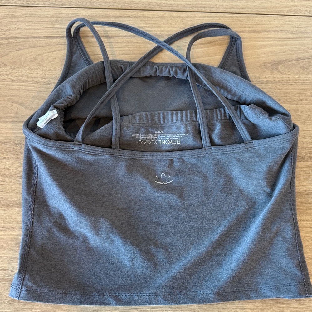 Beyond Yoga Charcoal space dye get across Strappy Built-In Shelf Tank